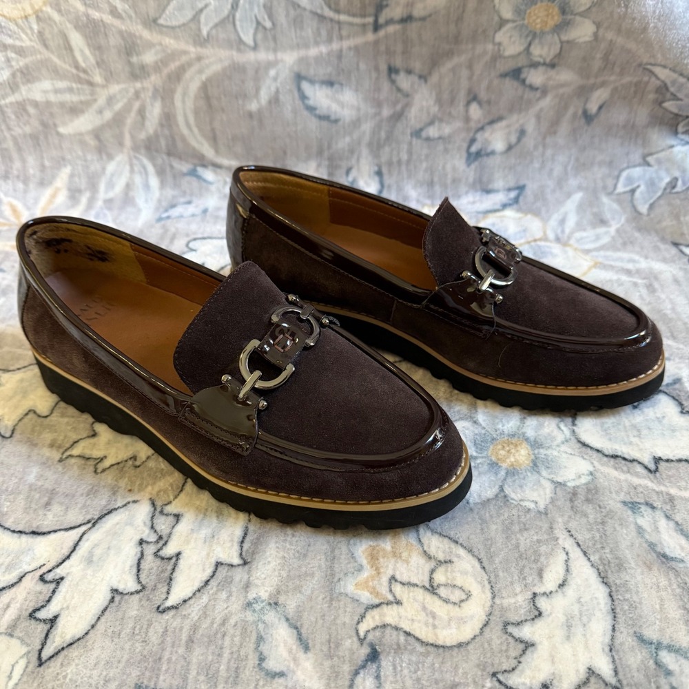 Donald Pliner Clio Loafers Womens 9 Brown Suede Patent Bit Platform Lug Sole